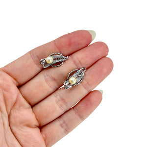 Vintage De Curtis Filigree Akoya Saltwater Cultured Pearl Screwback Earrings- Sterling Silver