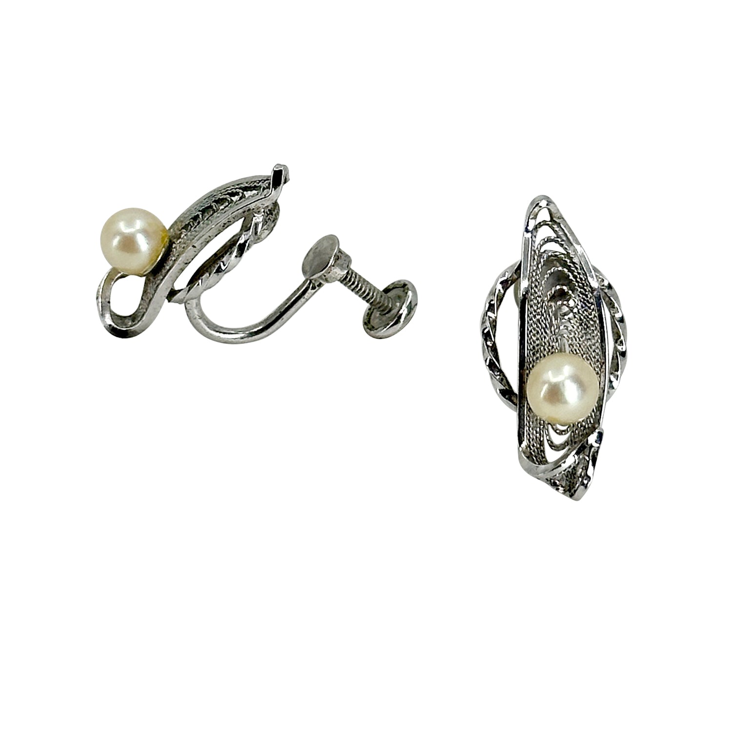 Vintage De Curtis Filigree Akoya Saltwater Cultured Pearl Screwback Earrings- Sterling Silver