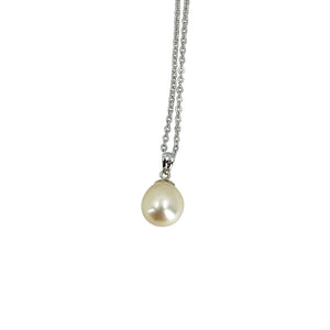 Mid Century Modern Japanese Cultured Akoya Solitaire Baroque Pearl Pendant- 14K White Gold & Sterling Silver 18.50 Inch