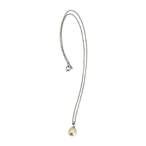 Mid Century Modern Japanese Cultured Akoya Solitaire Baroque Pearl Pendant- 14K White Gold & Sterling Silver 18.50 Inch
