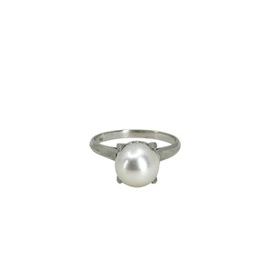 Claw Prong MCM Solitaire Vintage Japanese Saltwater Akoya Cultured Pearl Ring- Sterling Silver Sz 6.50