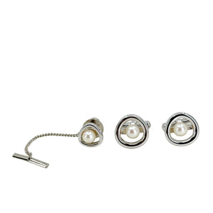 Matsuzukaya Designer Japanese Cultured Akoya Pearl Mid Century Cufflinks Tie Tac Set- Sterling Silver