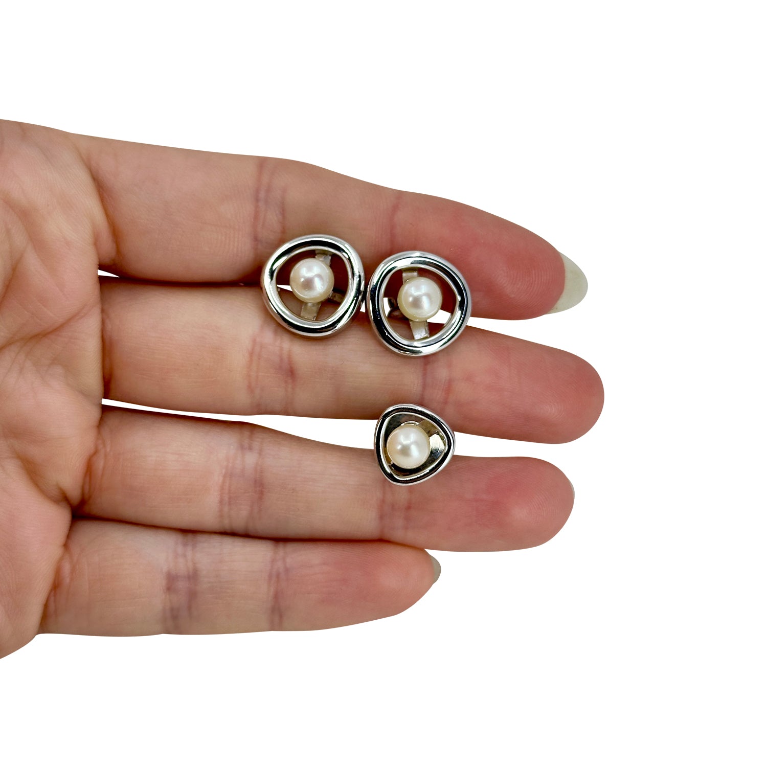 Matsuzukaya Designer Japanese Cultured Akoya Pearl Mid Century Cufflinks Tie Tac Set- Sterling Silver