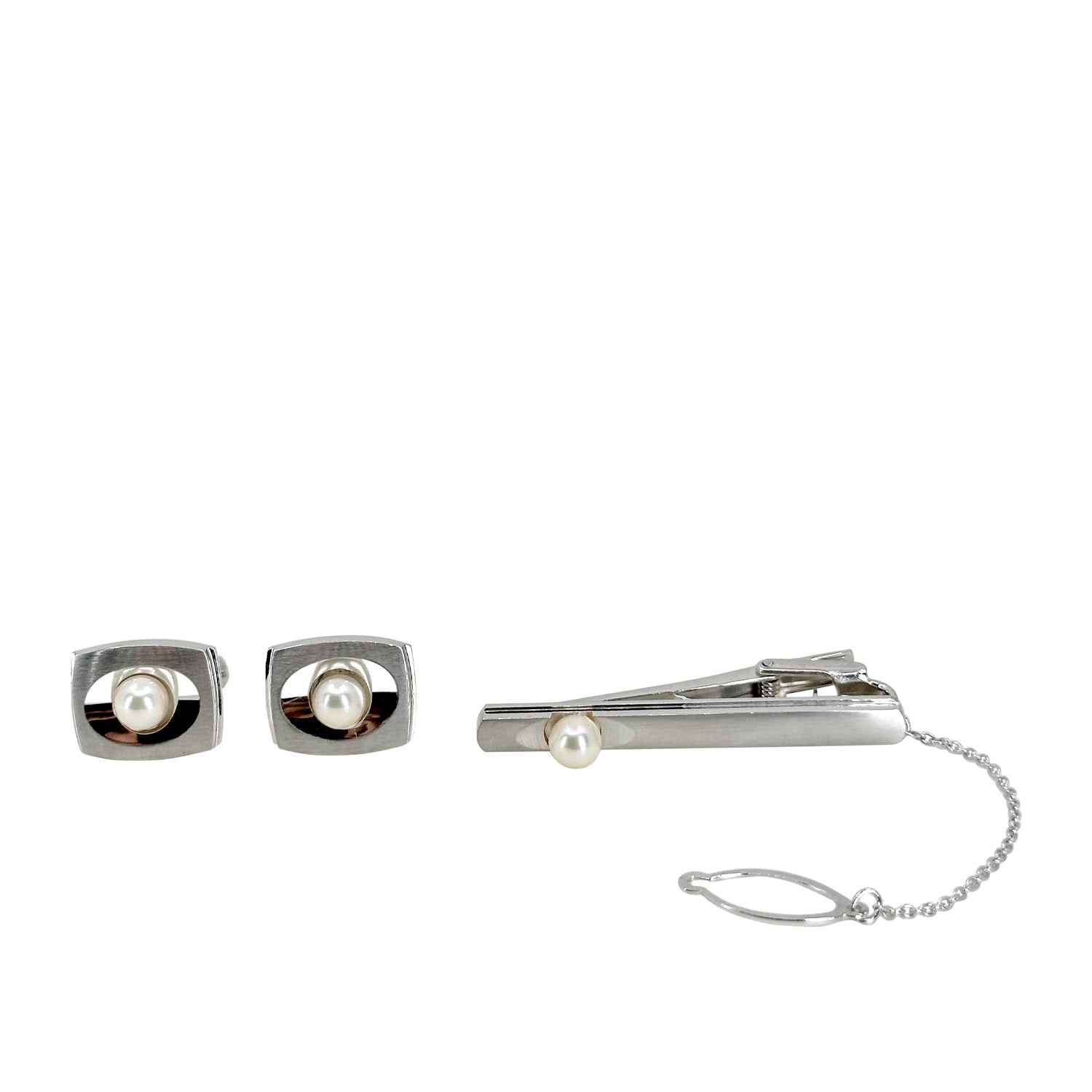 Grandea Designer Japanese Cultured Akoya Pearl Mid Century Cufflinks Tie Bar Set- Sterling Silver