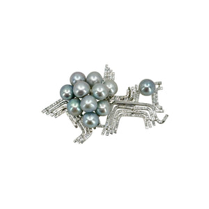 Geometric Blue Gray Mid Century Modern Japanese Saltwater Akoya Cultured Pearl Brooch- Sterling Silver