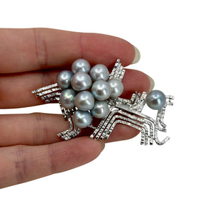 Geometric Blue Gray Mid Century Modern Japanese Saltwater Akoya Cultured Pearl Brooch- Sterling Silver