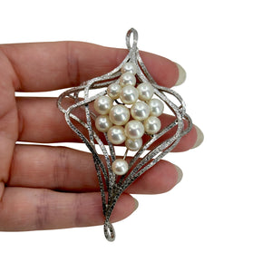 Large Atomic Era Japanese Saltwater Akoya Cultured Pearl Vintage Brooch Pendant- Sterling Silver