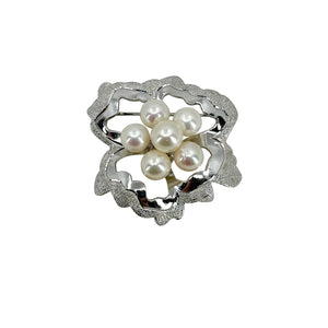 Abstract Floral Japanese Saltwater Akoya Cultured Pearl Brushed Vintage Brooch- Sterling Silver