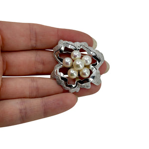 Abstract Floral Japanese Saltwater Akoya Cultured Pearl Brushed Vintage Brooch- Sterling Silver