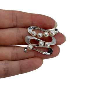 Mid Century Ribbon Japanese Saltwater Akoya Cultured Pearl Vintage Brooch- Sterling Silver