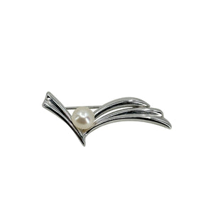 Solitaire Ribbon Japanese Saltwater Akoya Cultured Pearl Vintage MCM Brooch- Sterling Silver 