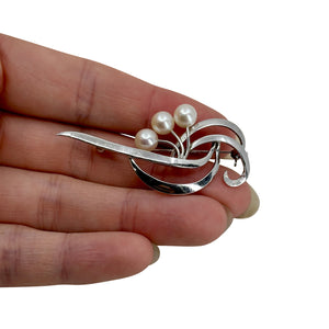 Ribbon Swirl Japanese Saltwater Akoya Cultured Pearl Vintage Cluster Brooch- Sterling Silver