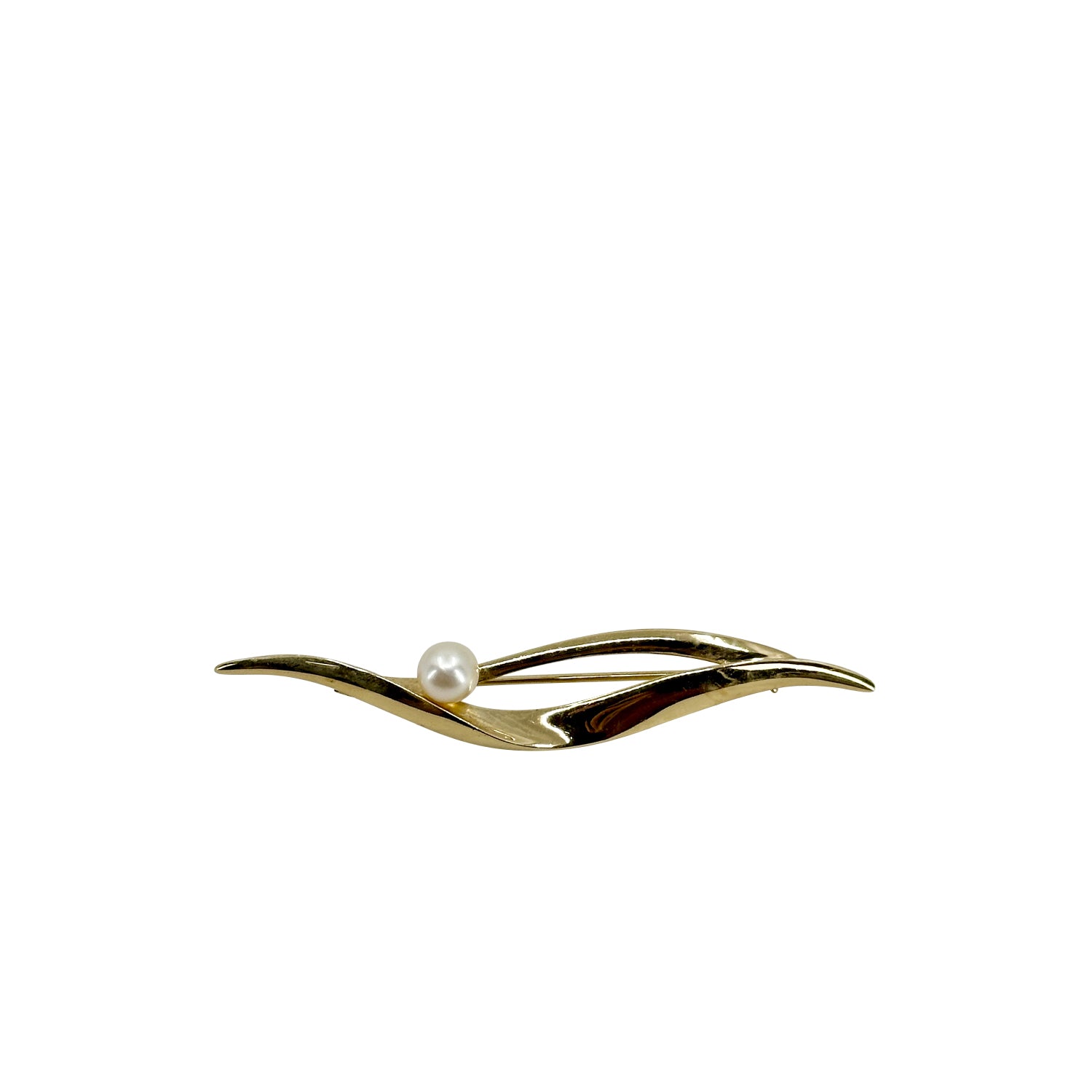 Long Solitaire Ribbon Japanese Saltwater Akoya Cultured Pearl Vintage Brooch- Sterling Silver Gold Plate