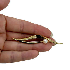 Long Solitaire Ribbon Japanese Saltwater Akoya Cultured Pearl Vintage Brooch- Sterling Silver Gold Plate