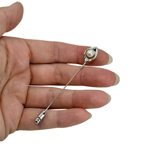 Solitaire Japanese Saltwater Akoya Cultured Pearl Hat Stick Pin- Sterling Silver