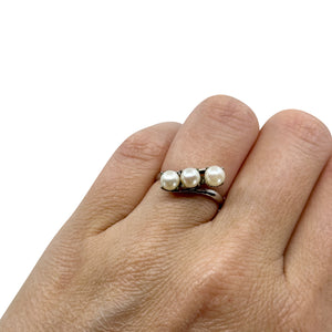 Triple Bypass Vintage Japanese Saltwater Akoya Cultured Pearl Ring- Sterling Silver Sz 6