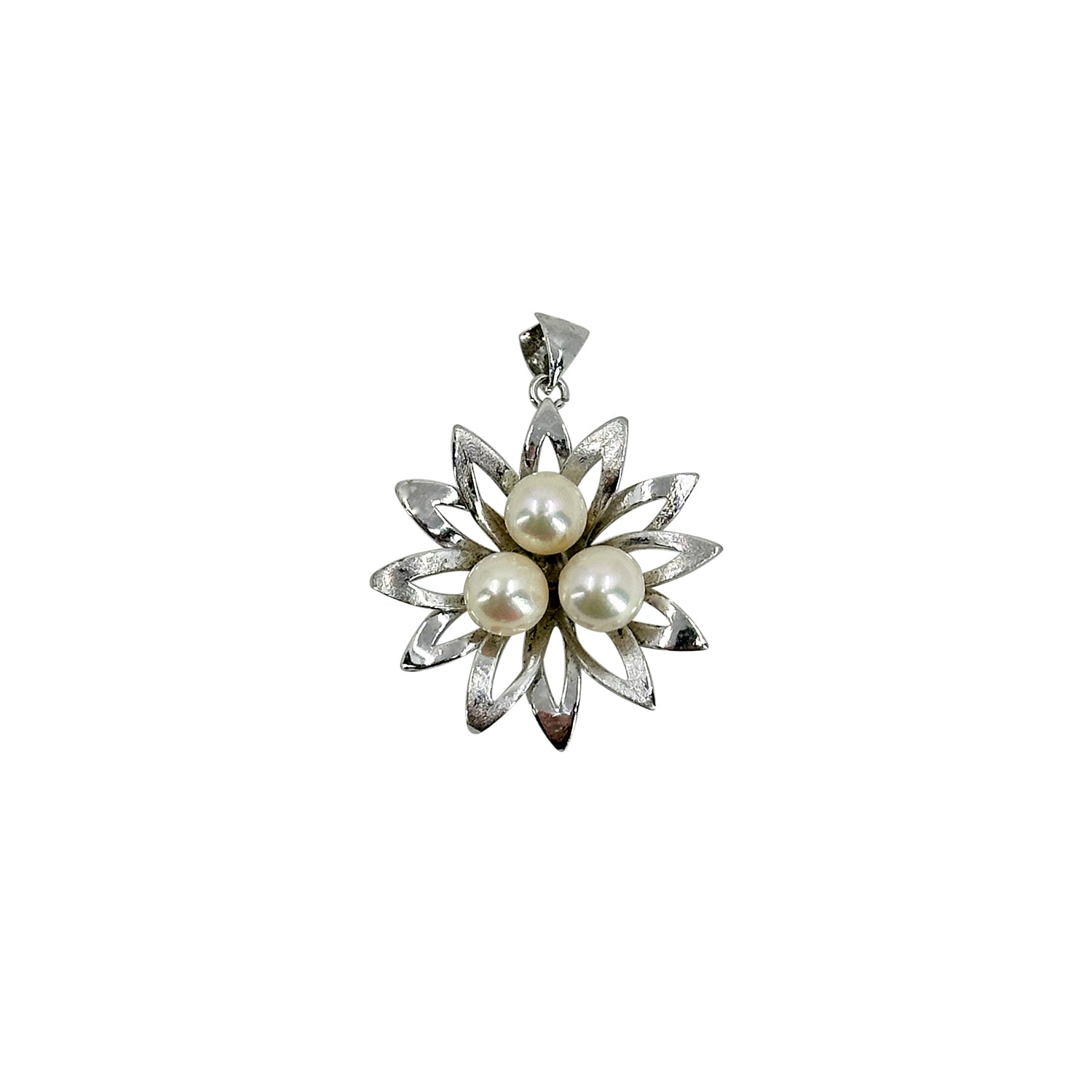 Flower Leaf MCM Japanese Saltwater Cultured Akoya Vintage Charm Pendant- Sterling Silver 