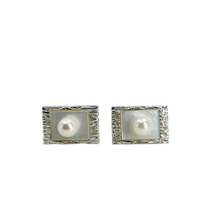 Modernist Mother of Pearl Japanese Saltwater Akoya Cultured Pearl Vintage Wood Textured Cufflinks- Sterling Silver