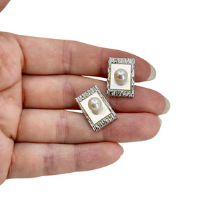 Modernist Mother of Pearl Japanese Saltwater Akoya Cultured Pearl Vintage Wood Textured Cufflinks- Sterling Silver