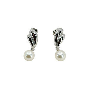 Modernist Drop Japan Saltwater Akoya Cultured Pearl Screwback Dangle Earrings- Sterling Silver
