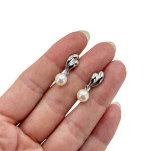 Modernist Drop Japan Saltwater Akoya Cultured Pearl Screwback Dangle Earrings- Sterling Silver