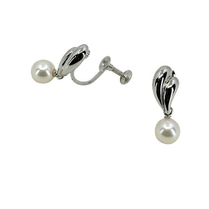 Modernist Drop Japan Saltwater Akoya Cultured Pearl Screwback Dangle Earrings- Sterling Silver