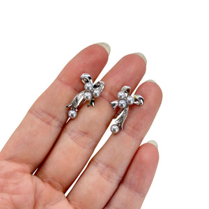 Vintage Blue Gray Ribbon Japanese Akoya Saltwater Cultured Pearl Screwback Earrings- Sterling Silver