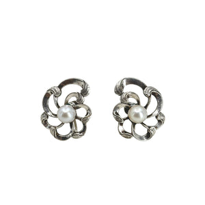 Vintage WWII CPO Japan Saltwater Akoya Cultured Pearl Abstract Flower Screwback Earrings- Sterling Silver