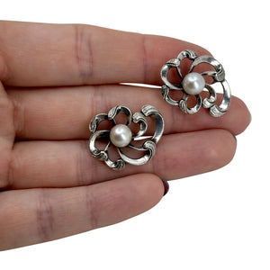 Vintage WWII CPO Japan Saltwater Akoya Cultured Pearl Abstract Flower Screwback Earrings- Sterling Silver