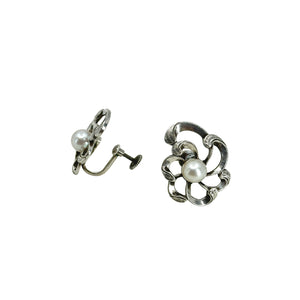Vintage WWII CPO Japan Saltwater Akoya Cultured Pearl Abstract Flower Screwback Earrings- Sterling Silver