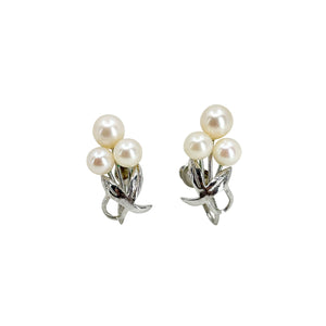 Three Pearl Leaf Japan Saltwater Akoya Cultured Pearl Vintage Screwback Earrings- Sterling Silver