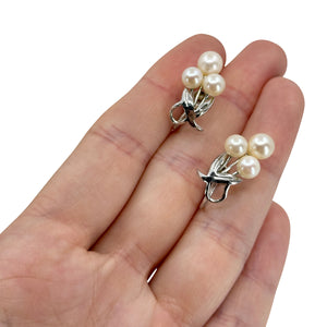 Three Pearl Leaf Japan Saltwater Akoya Cultured Pearl Vintage Screwback Earrings- Sterling Silver