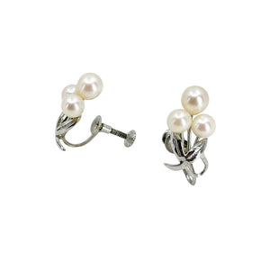 Three Pearl Leaf Japan Saltwater Akoya Cultured Pearl Vintage Screwback Earrings- Sterling Silver