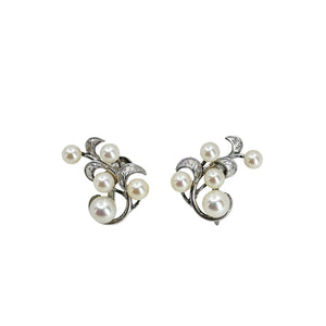 Swirling Leaf Japan Saltwater Akoya Cultured Pearl Vintage Screwback Climber Earrings- Sterling Silver