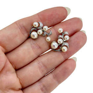 Swirling Leaf Japan Saltwater Akoya Cultured Pearl Vintage Screwback Climber Earrings- Sterling Silver