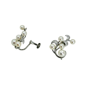 Swirling Leaf Japan Saltwater Akoya Cultured Pearl Vintage Screwback Climber Earrings- Sterling Silver