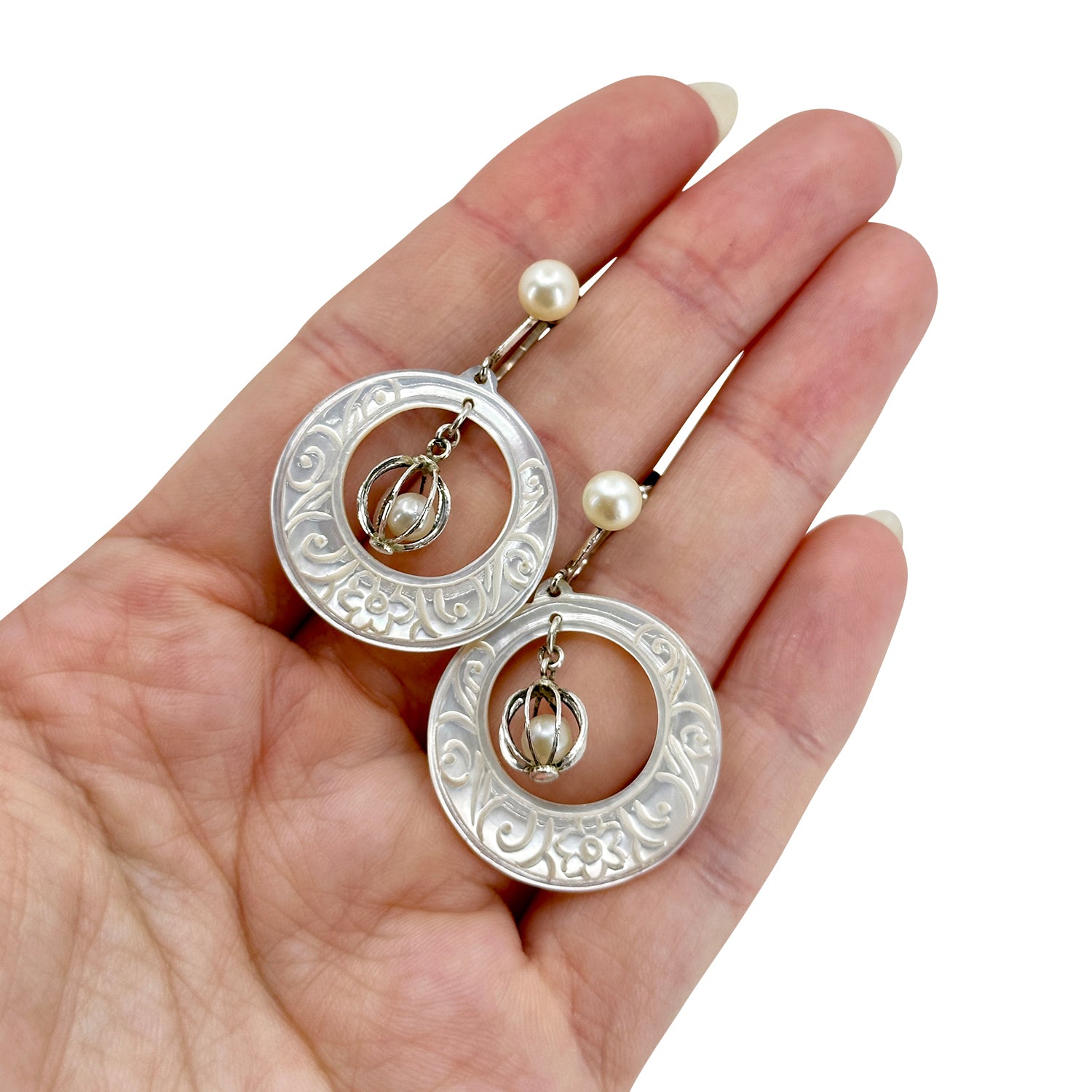 Engraved Mother of Pearl Japan Saltwater Akoya Cultured Pearl Screwback Vintage Cadge Earrings- Sterling Silver