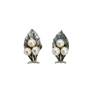 Vintage Mings Of Honolulu Leaf Triple Akoya Saltwater Cultured Pearl Screwback Earrings- Sterling Silver