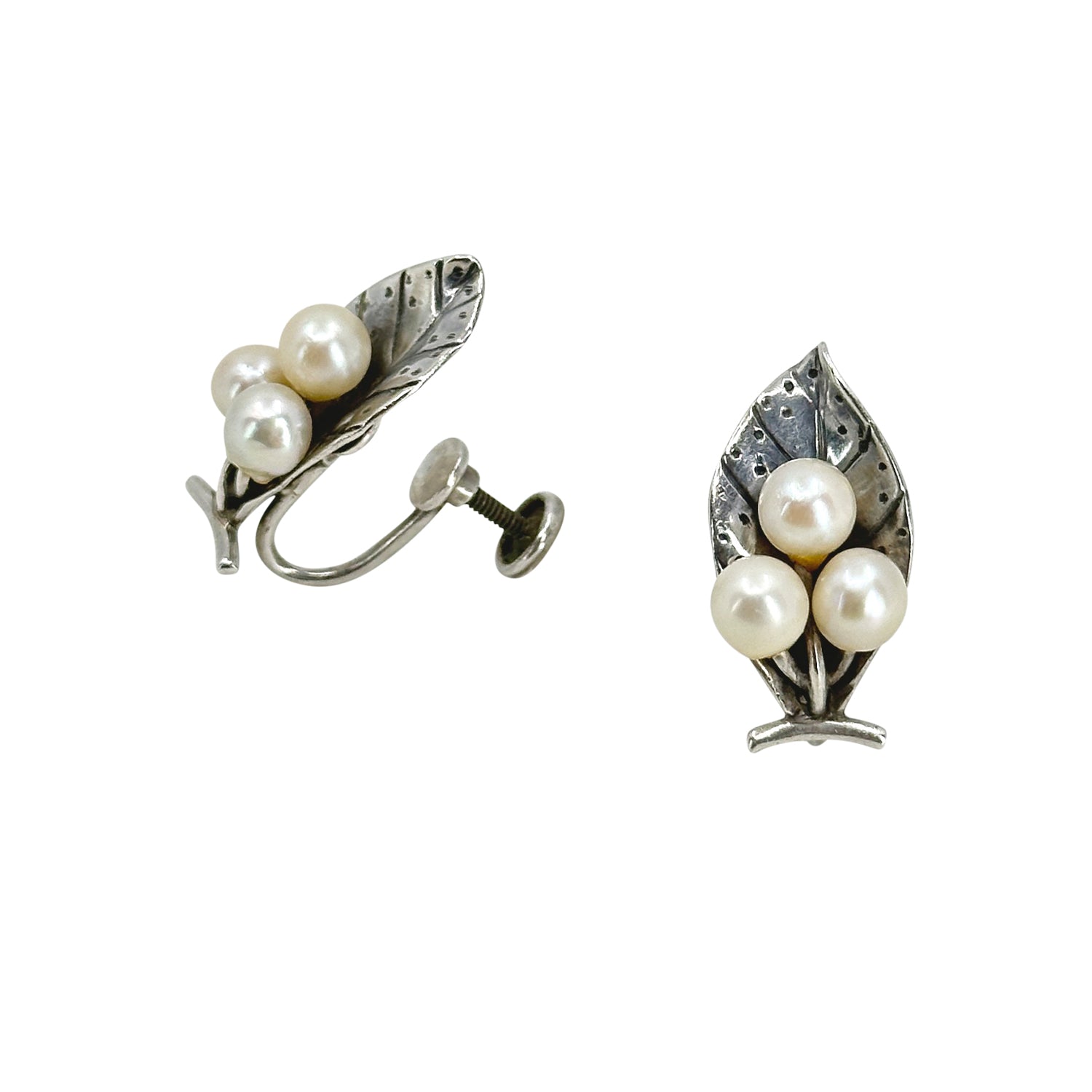 Vintage Mings Of Honolulu Leaf Triple Akoya Saltwater Cultured Pearl Screwback Earrings- Sterling Silver