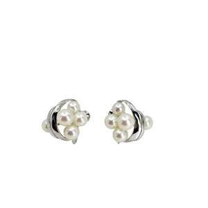 Vintage Mikimoto Mid Century Cluster Akoya Saltwater Cultured Pearl Screwback Earrings- Sterling Silver