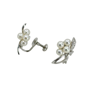 Vintage Mikimoto Engraved Leaf MCM Akoya Saltwater Cultured Pearl Screwback Earrings- Sterling Silver