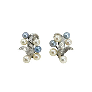 Vintage Blue White Engraved Japanese Akoya Saltwater Cultured Pearl Screwback Earrings- Sterling Silver