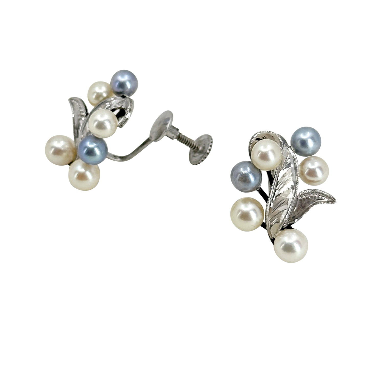 Vintage Blue White Engraved Japanese Akoya Saltwater Cultured Pearl Screwback Earrings- Sterling Silver