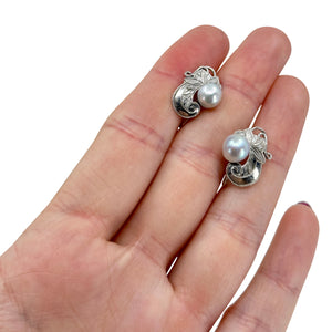 Engraved Vine Japanese Akoya Saltwater Cultured Pearl Vintage Screwback Earrings- Sterling Silver
