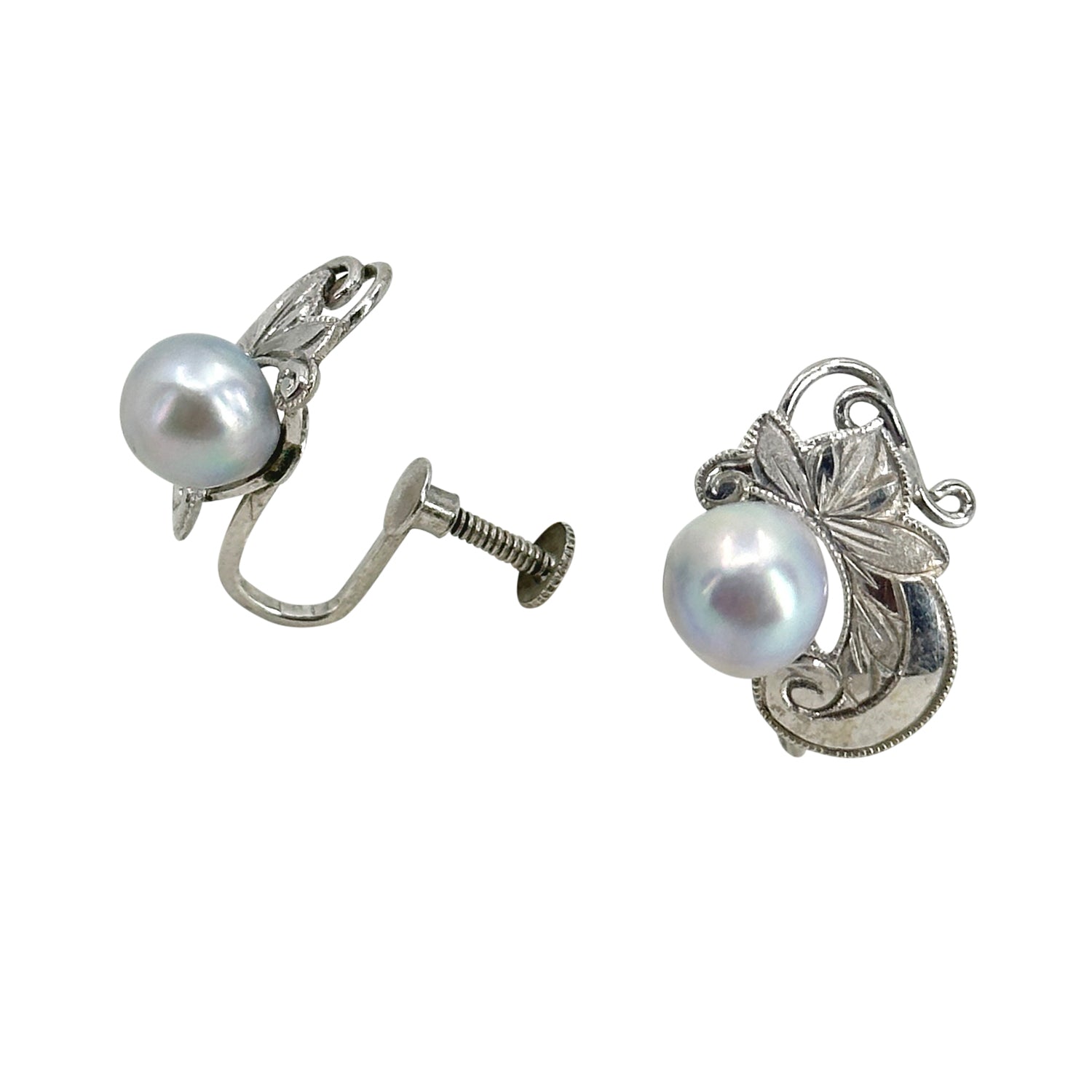 Engraved Vine Japanese Akoya Saltwater Cultured Pearl Vintage Screwback Earrings- Sterling Silver