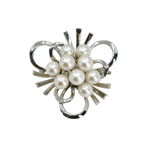Modernist Ribbon Burst Japanese Saltwater Akoya Cultured Pearl Vintage Brooch- Sterling Silver