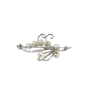 Vintage Leafy Vine Japanese Saltwater Akoya Cultured Pearl Vintage Brooch- Sterling Silver