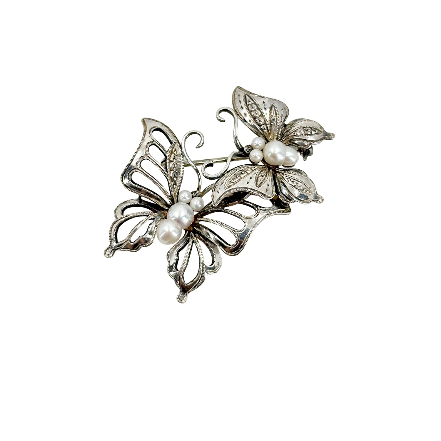 Engraved Butterfly Baroque Japanese Saltwater Akoya Cultured Pearl Vintage Brooch- Sterling Silver