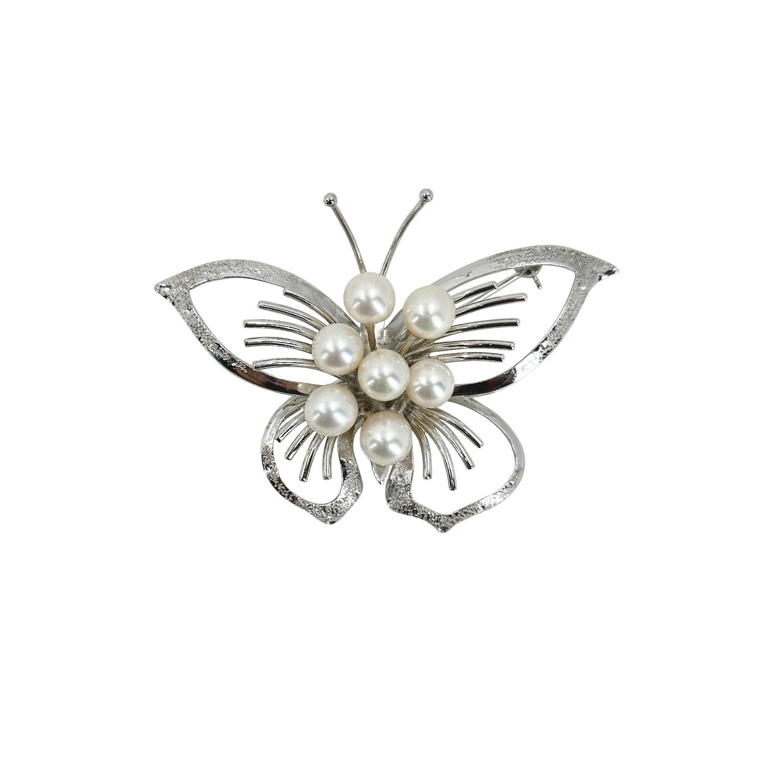 Vintage Butterfly Japanese Saltwater Akoya Cultured Pearl Mid Century Brooch- Sterling Silver