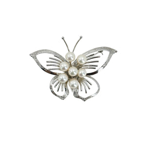 Vintage Butterfly Japanese Saltwater Akoya Cultured Pearl Mid Century Brooch- Sterling Silver